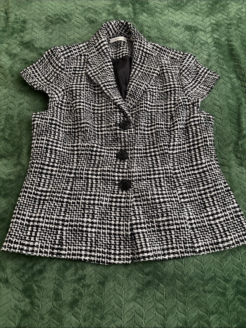 Coldwater Creek Black White Tweed Short Sleeve Jacket Blazer Top Button Front 18